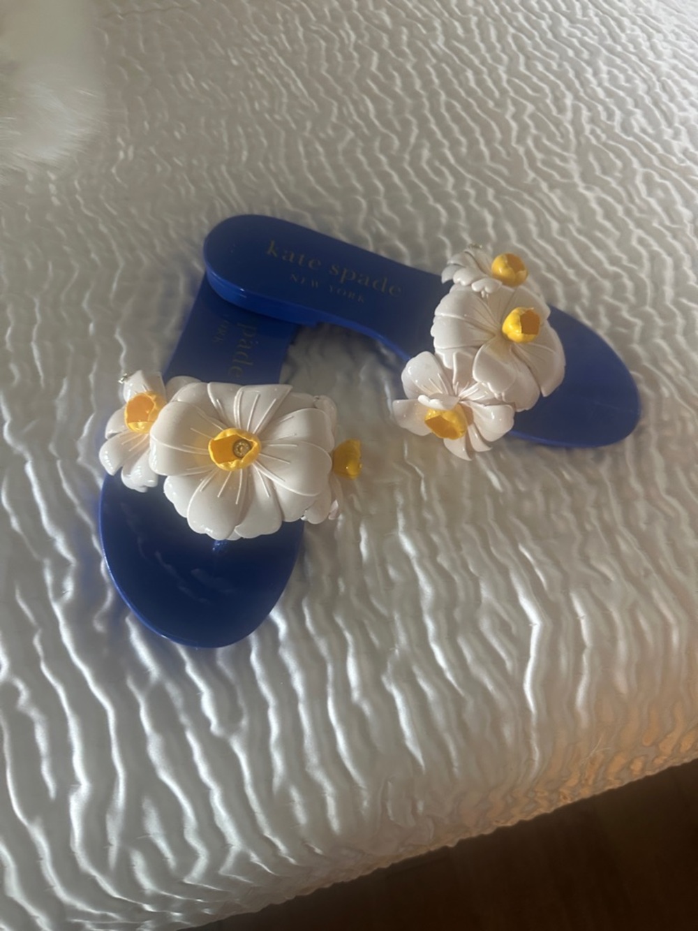 kate spade blue sandals with white and yellow floral accents